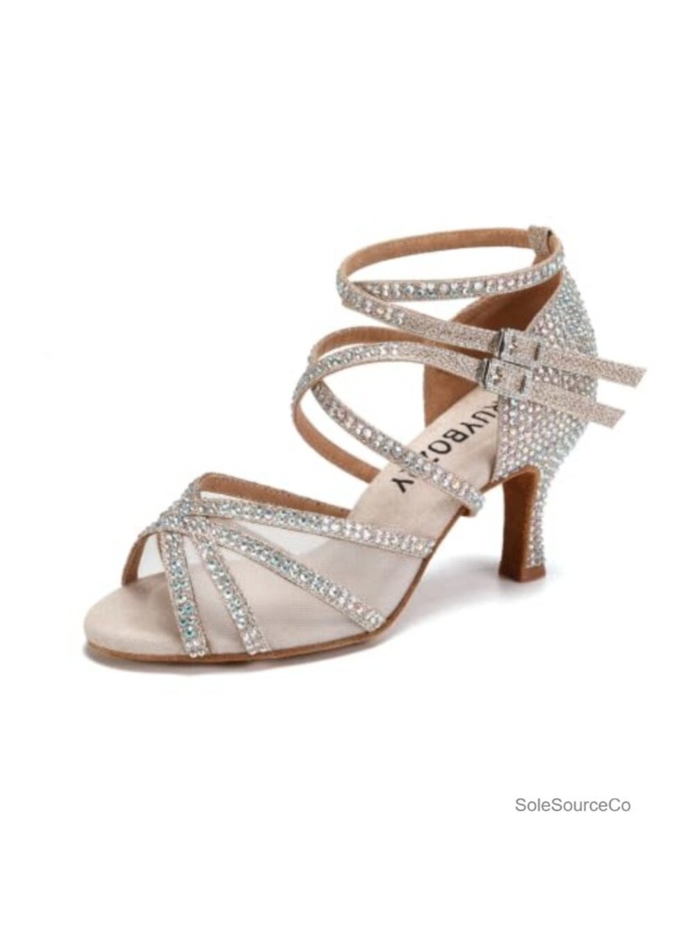 Rhinestone Ballroom Latin Dance Shoes Open Toe Suede Sole Ankle Strap Heels